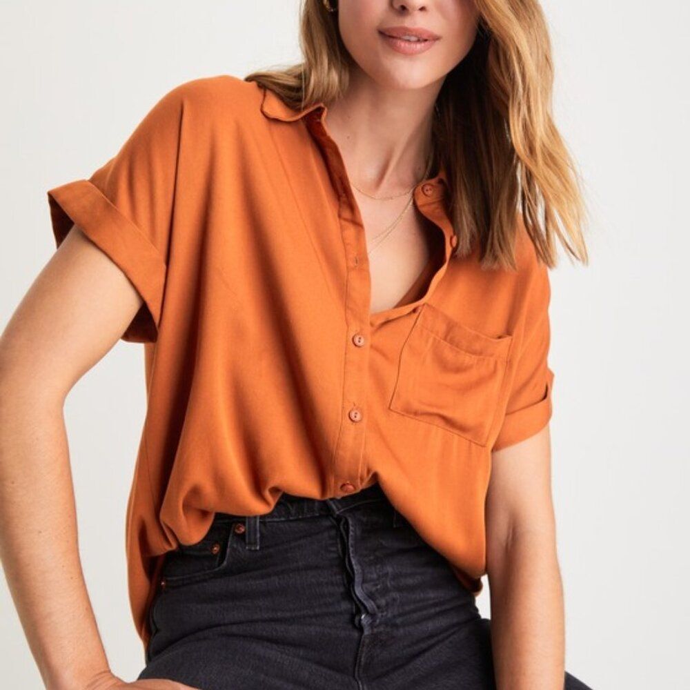 Lulus Blythe Rust Brown Short Sleeve Button-up Top - Size M
